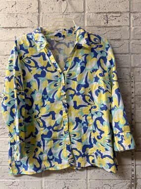 JM Collection Linen Top Size 18 Blue Yellow Floral Button Front Lightweight